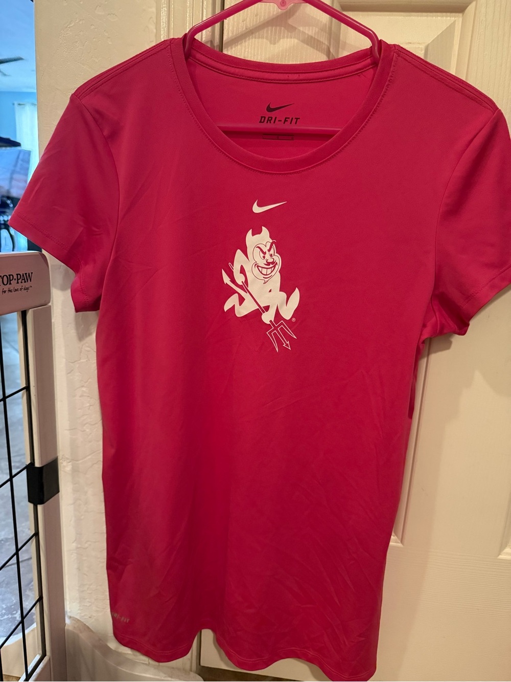 Nike Women's Hot Pink Dri-FIT Short Sleeve Tee with White Graphic